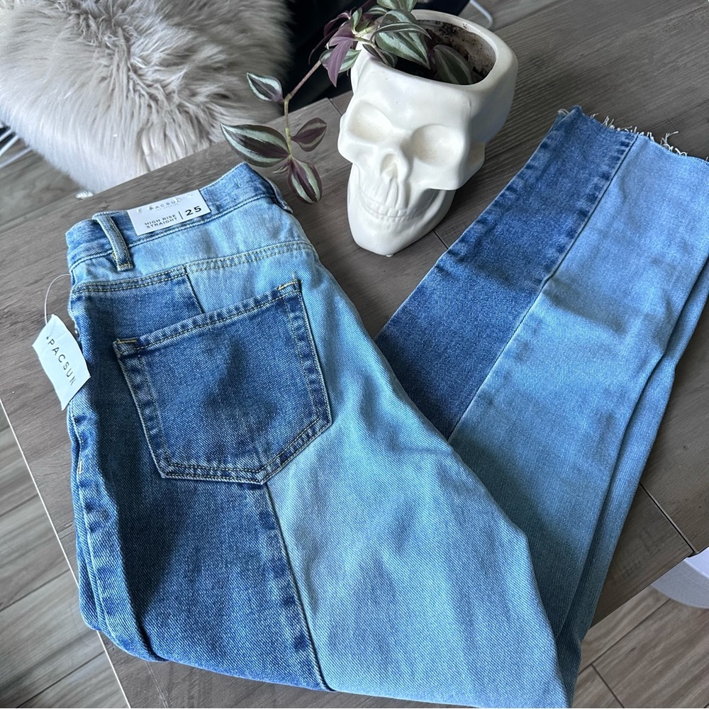 PacSun Kanta Jeans Two Tone Denim High Rise Straight Leg Raw Hem Women’s Size 25